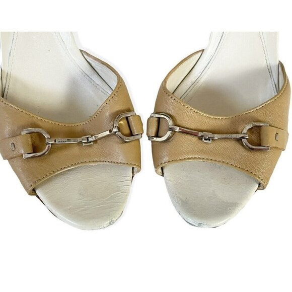 Gucci Women's Tan Leather Open Toe High Heel Slide Horsebit Sandals Sz 39 US 8.5 - Picture 4 of 11